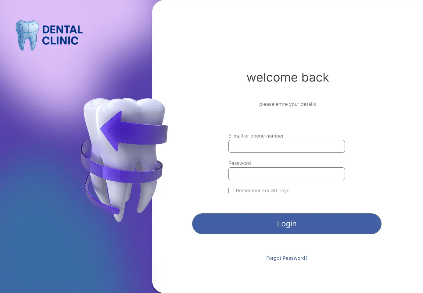 Patient portal sign-in screen for the dental clinic