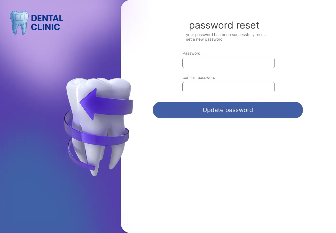 Password reset screen confirming a new password can be set