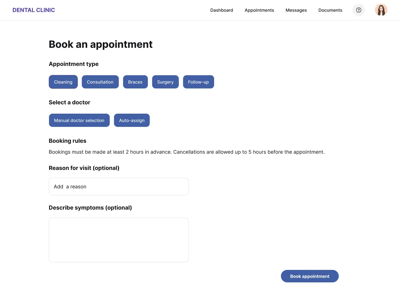 Appointment booking form with appointment type, doctor selection and booking rules