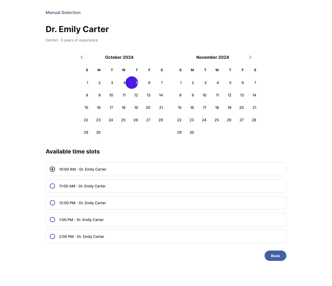 Calendar showing a selected dentist and their available time slots