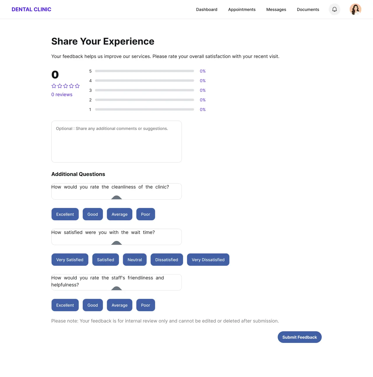 Patient feedback survey rating the overall clinic experience