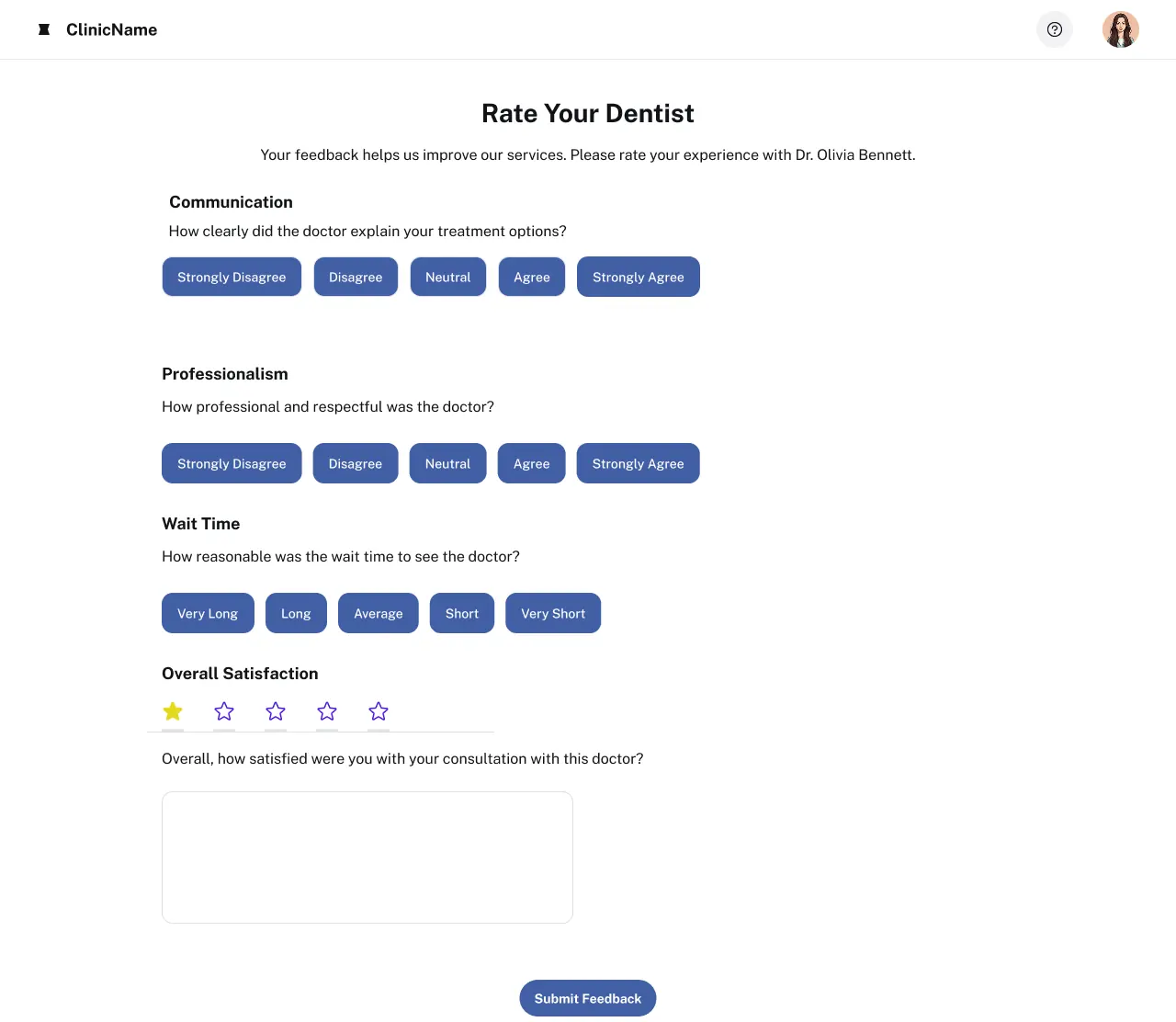 Per-dentist rating survey covering communication, professionalism and wait time