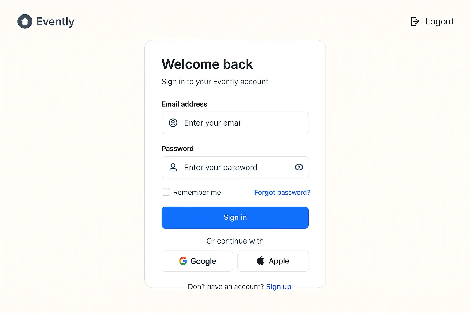 Evently sign-in screen with email, Google and Apple options