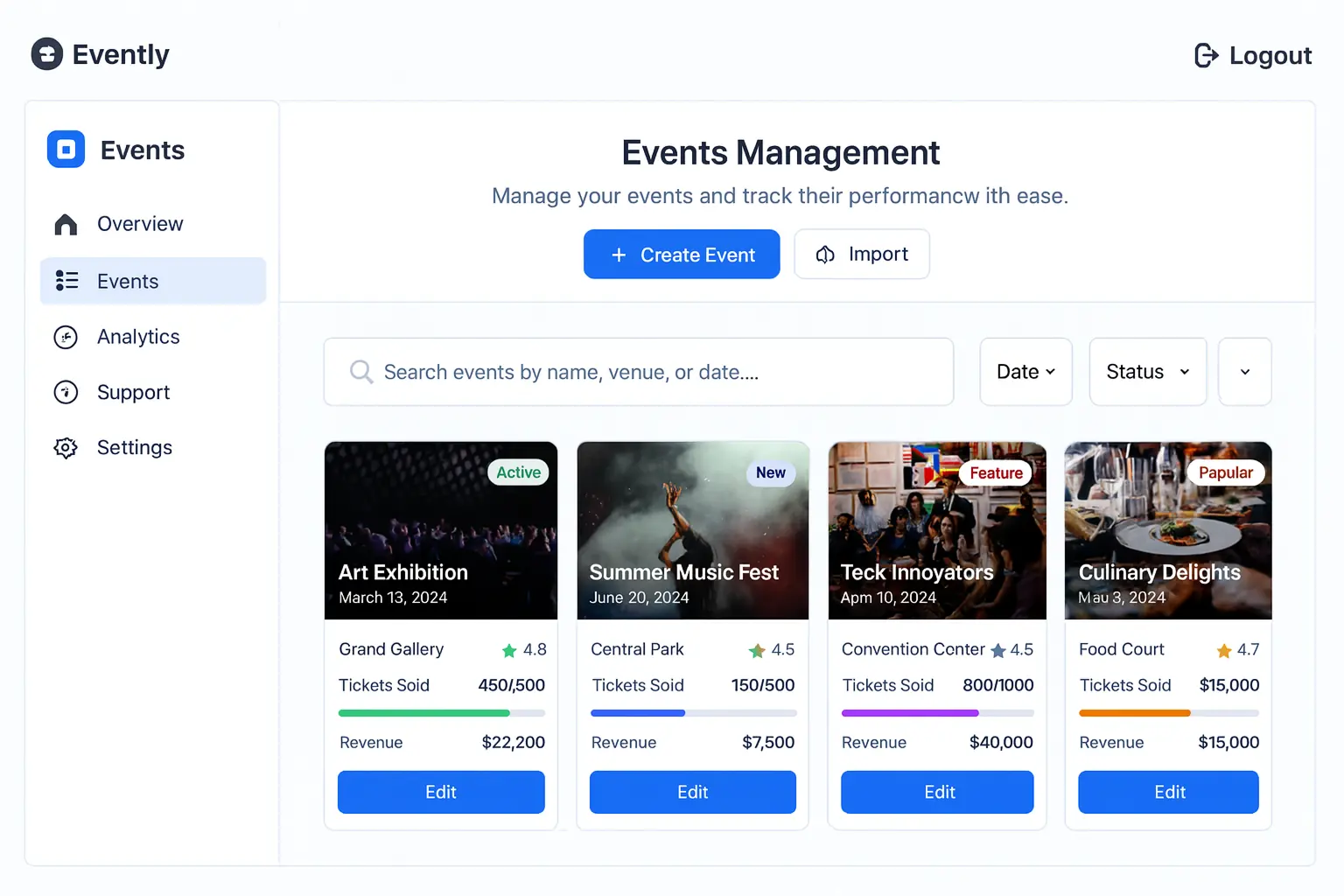 Evently - Events & Ticketing Platform interface