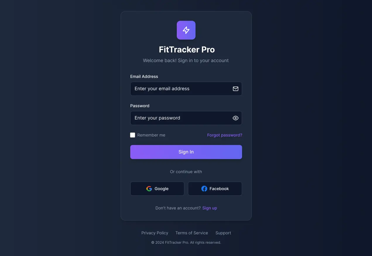 Fitness tracker sign-in screen