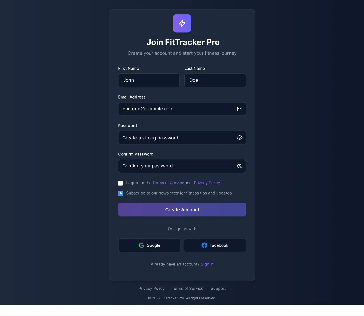 Account sign-up screen