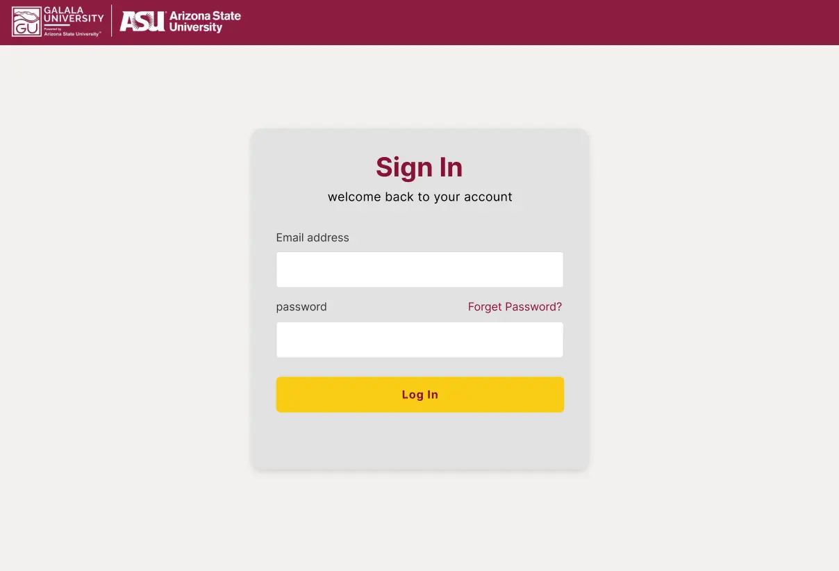 Sign-in screen for the Galala ASU–GU academic portal