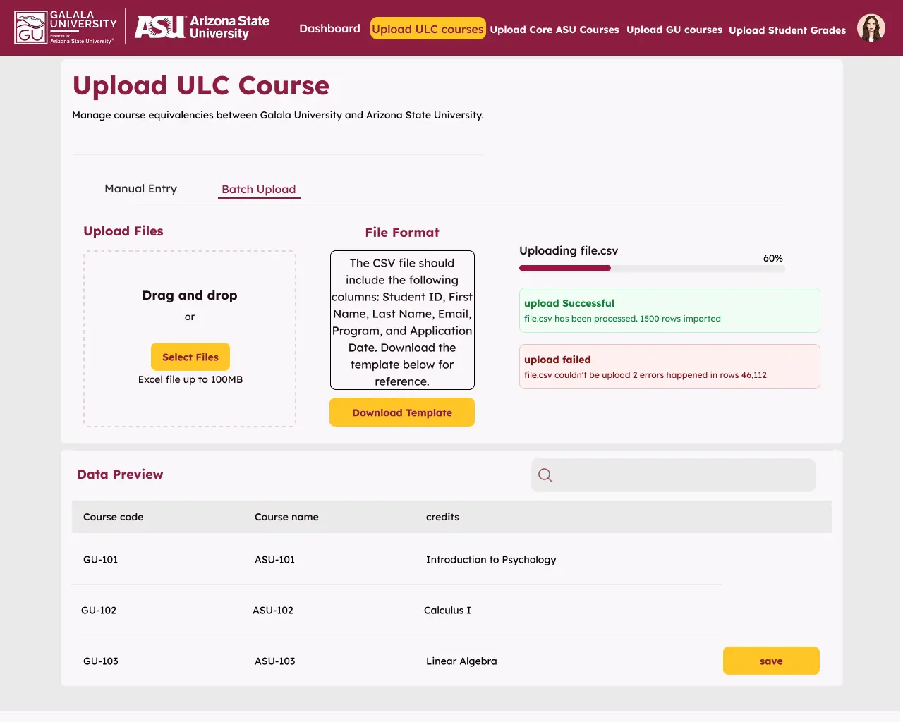 Galala ASU–GU Academic Portal interface