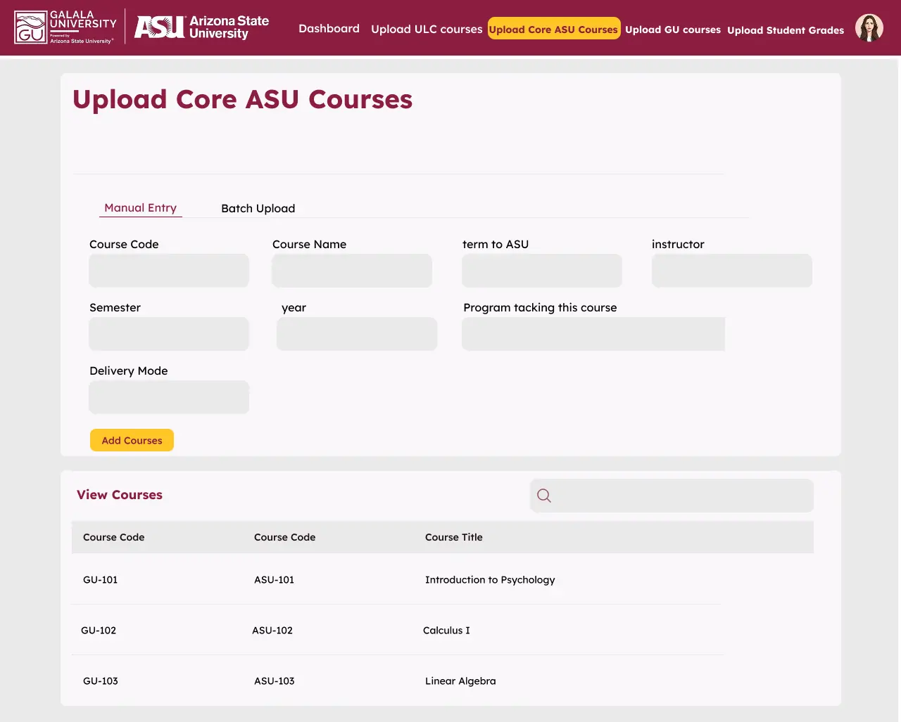 Manual entry form for adding core ASU courses