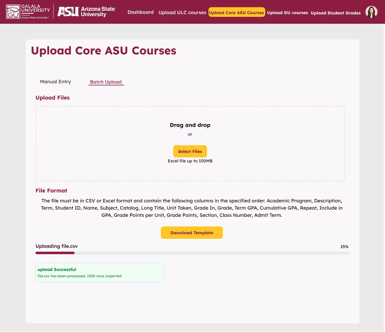 Batch course upload with drag-and-drop and a successful import confirmation