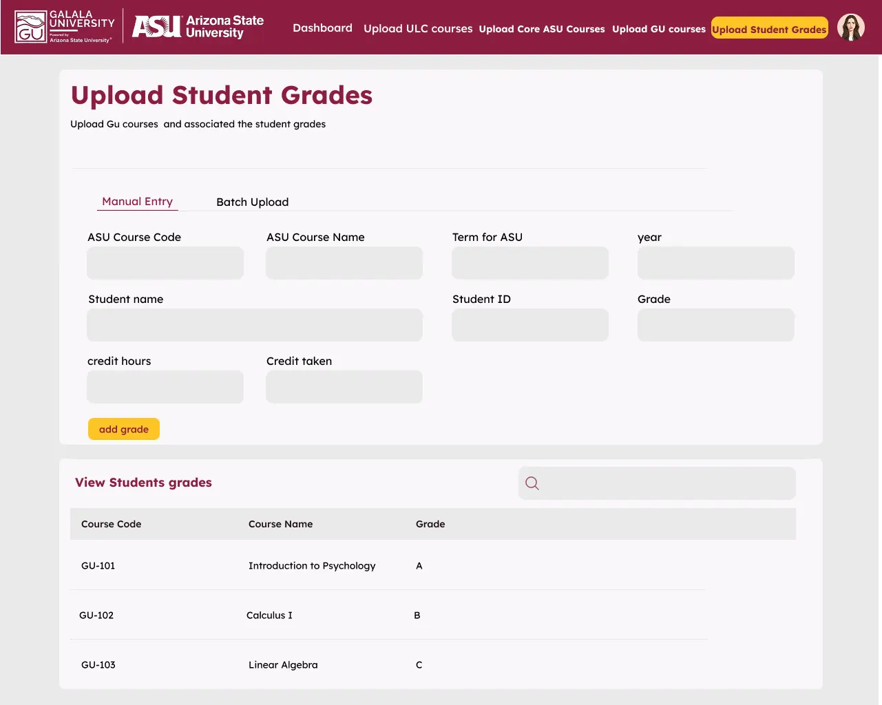 Manual grade entry form alongside a table of posted student grades