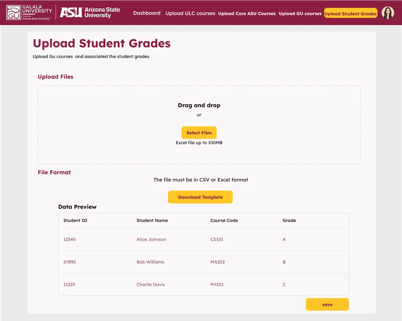 Bulk grade upload showing a preview of student records before saving