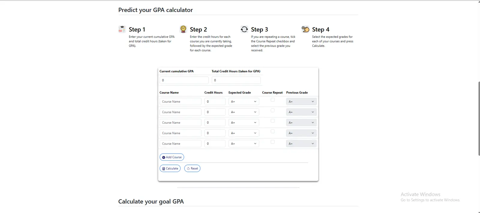 GPA prediction calculator with per-course credit hours, expected grades and a repeat-course option