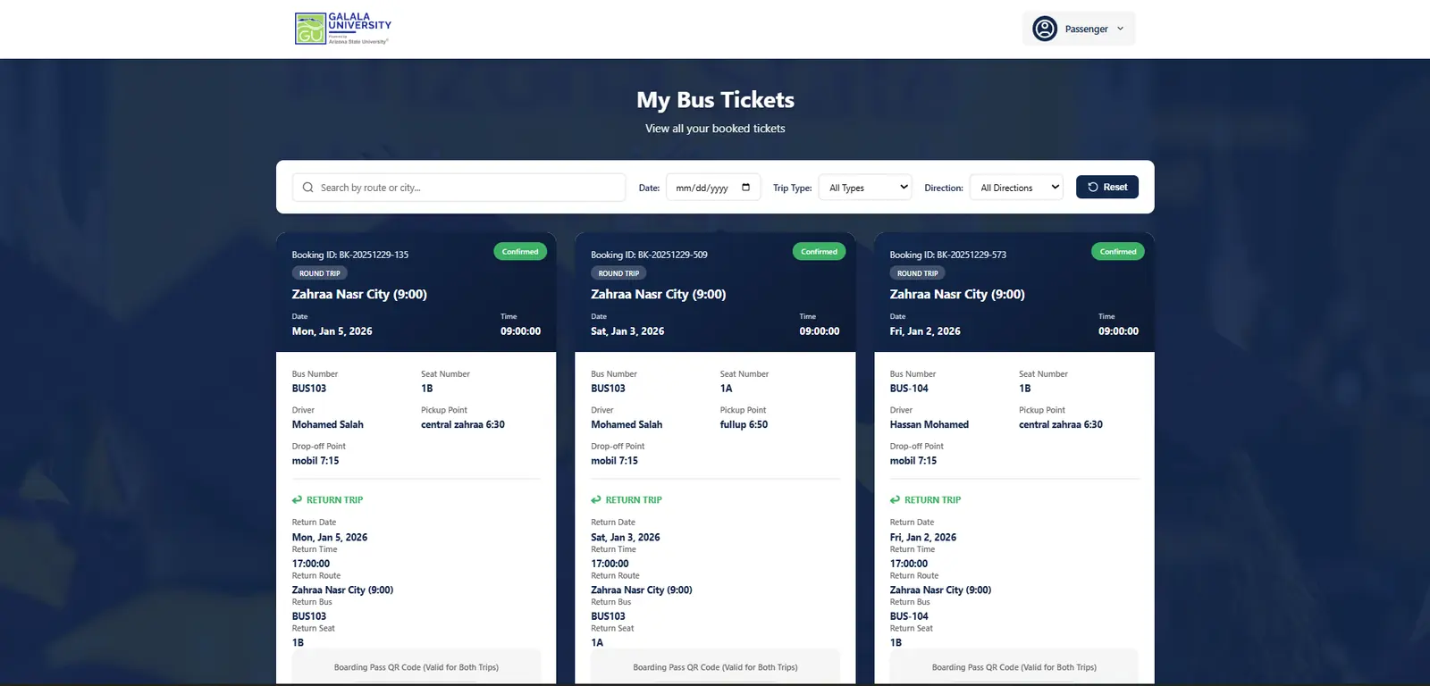 Bus ticket listing showing available trips and departure times