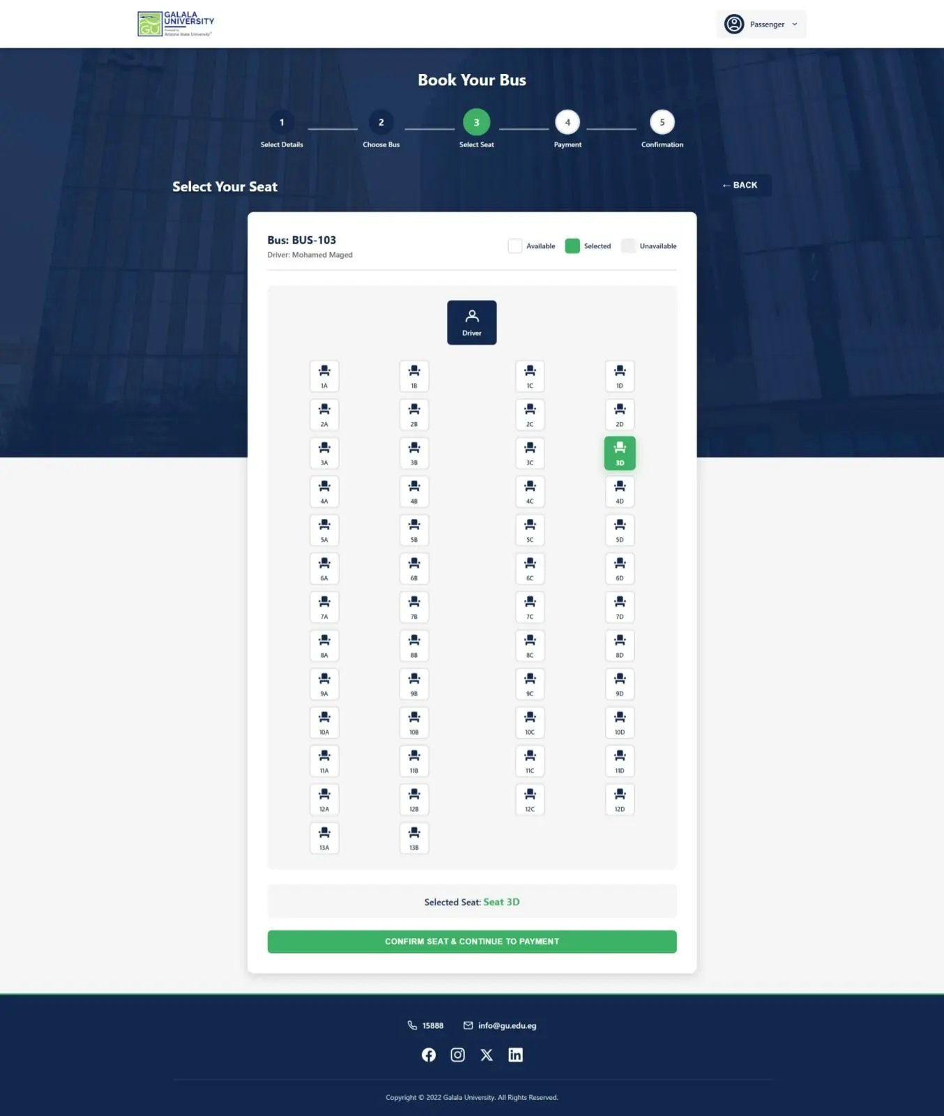 Interactive seat map for selecting a seat on a specific trip