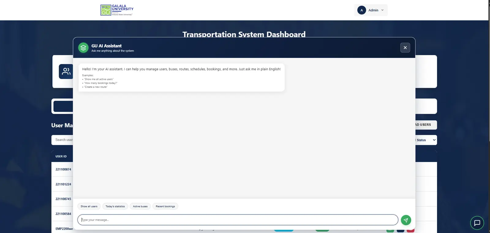 Assistant chatbot answering a question about bus schedules