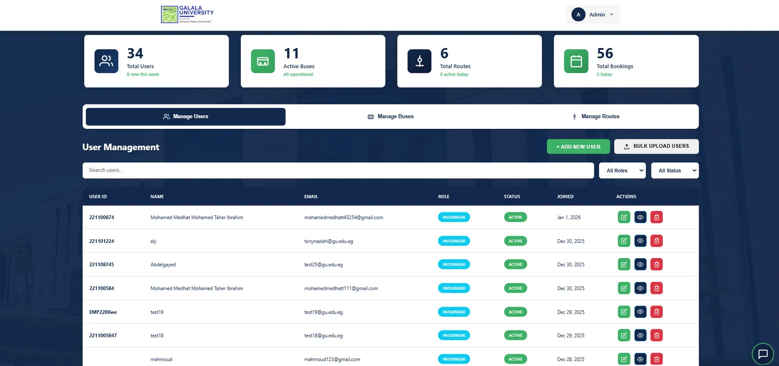 GU Transportation Portal interface
